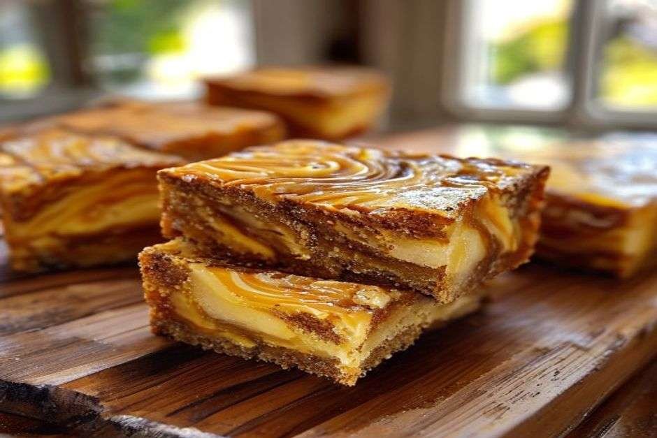 Miso caramel blondies with a golden swirl, cut into squares