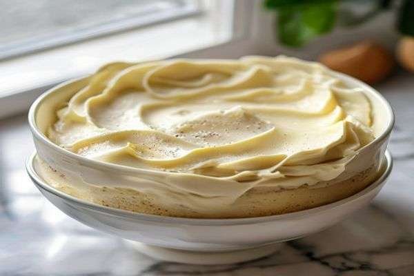 Smooth vanilla cake batter in a bowl