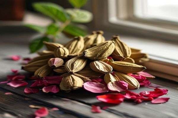 Cardamom pods and dried rose petals