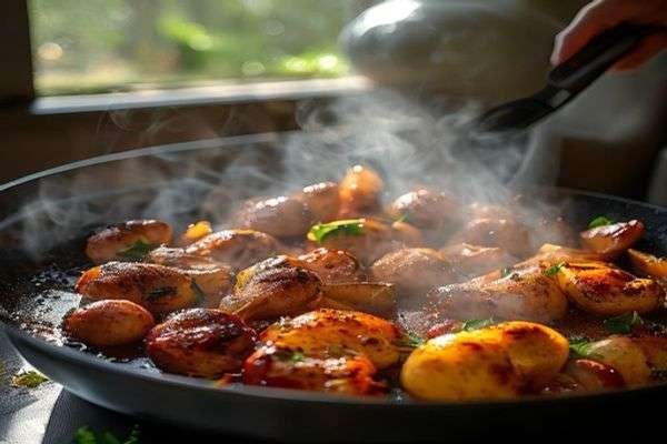 Chicken cooking down in a skillet