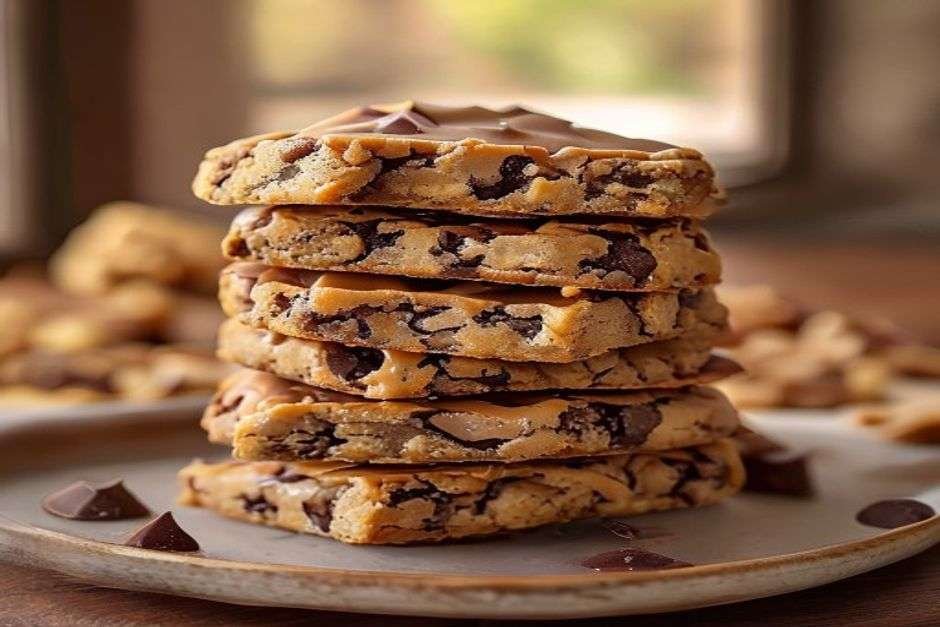 A stack of brown butter toffee chocolate chip cookies with melty chocolate and golden edges