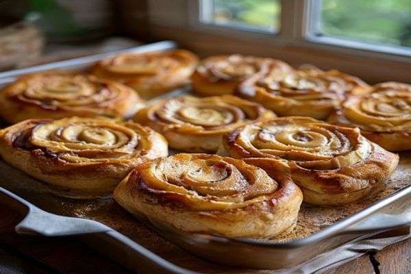 Cut cinnamon rolls arranged in a baking dish
