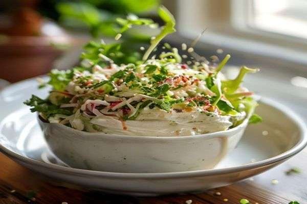 Creamy dressing being tossed through slaw