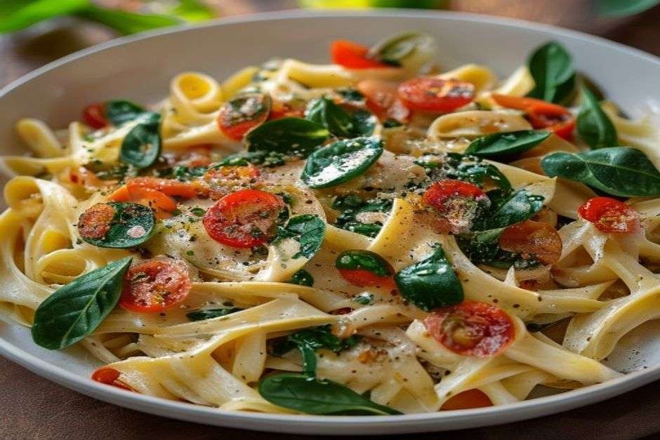 Creamy Tuscan chicken pasta with sun-dried tomatoes and spinach