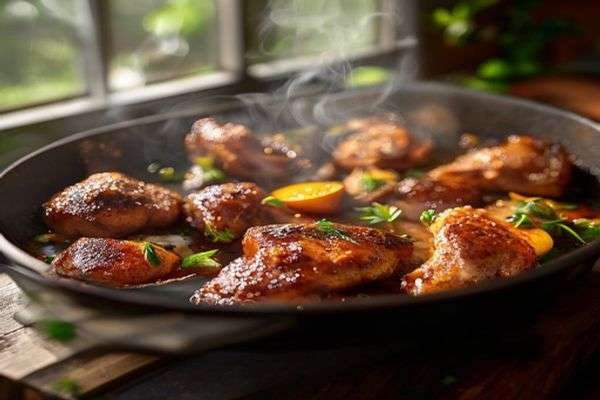 Chicken thighs glazing in a pan