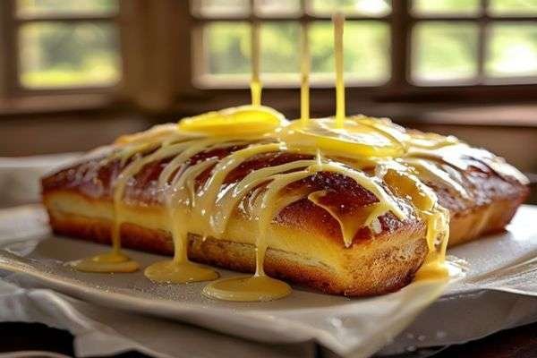 Lemon glaze being drizzled over a loaf