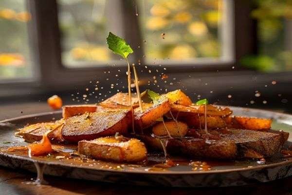 Maple being drizzled over roasted sweet potatoes