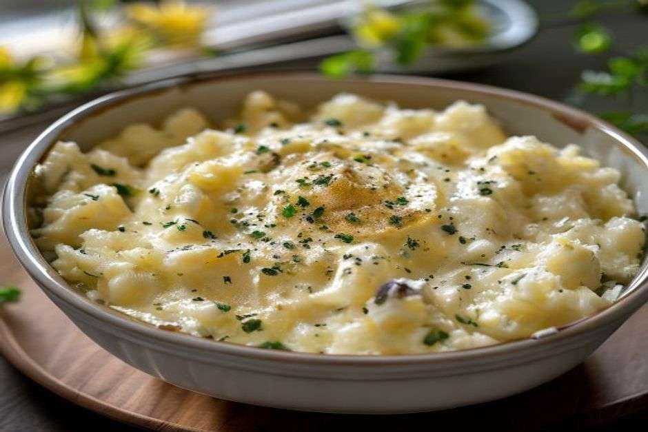 Bowl of creamy roasted garlic mashed potatoes with butter