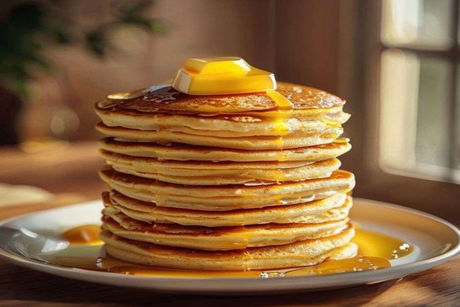 A tall stack of fluffy buttermilk pancakes with butter and syrup