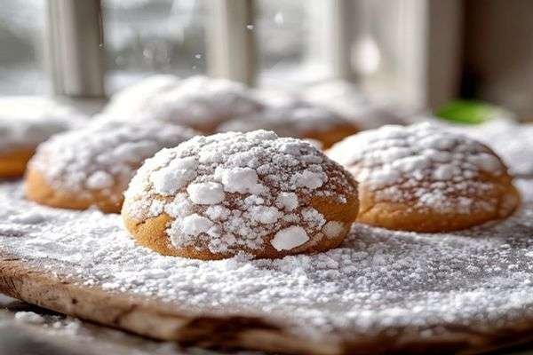 Snowball cookies being rolled in powdered sugar