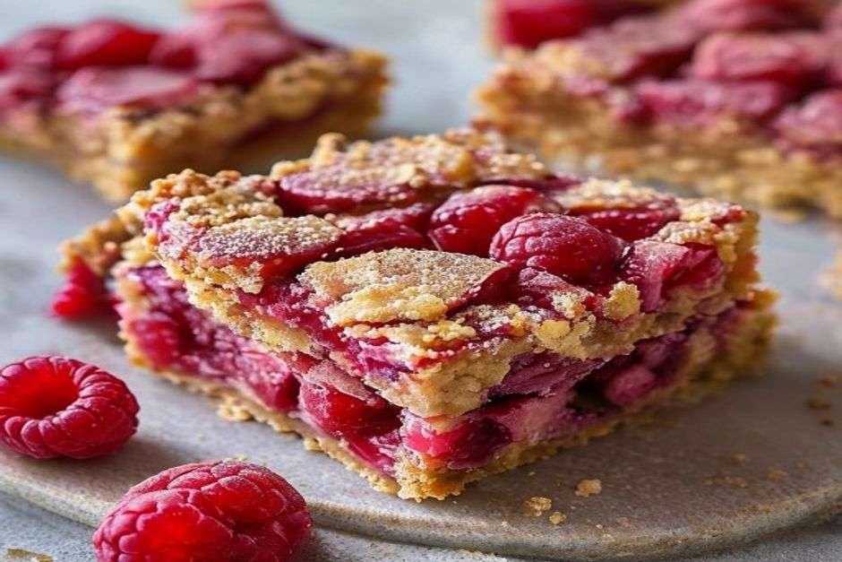 Raspberry almond crumble bars cut into squares