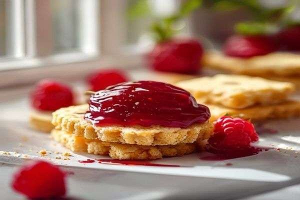 Raspberry jam spread over shortbread base