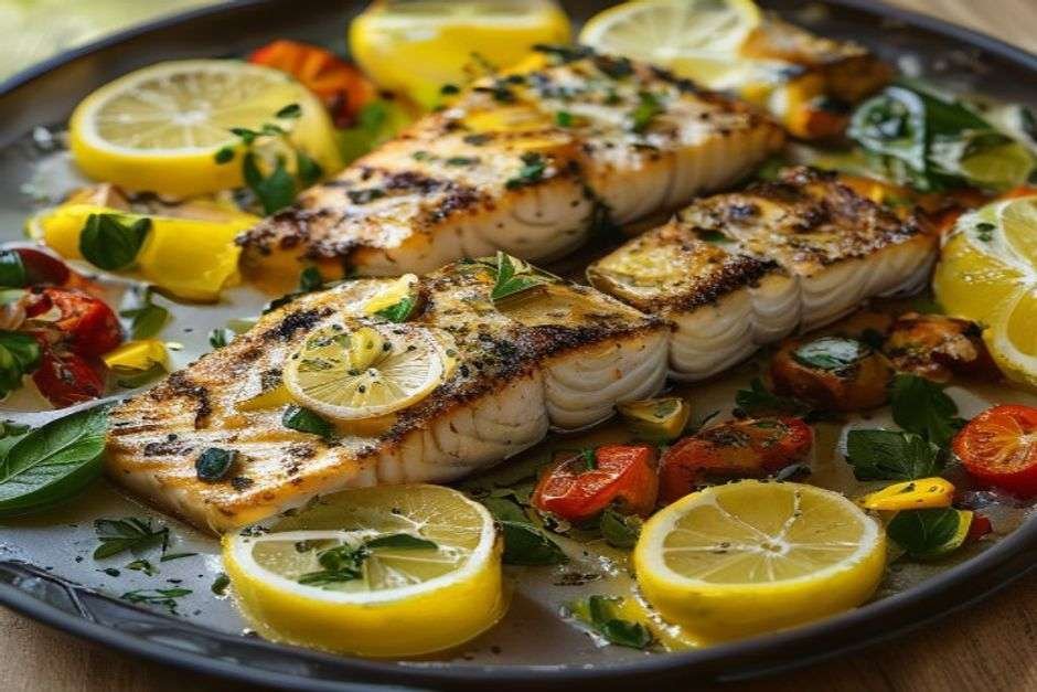 One-pan lemon garlic salmon with roasted vegetables and lemon slices
