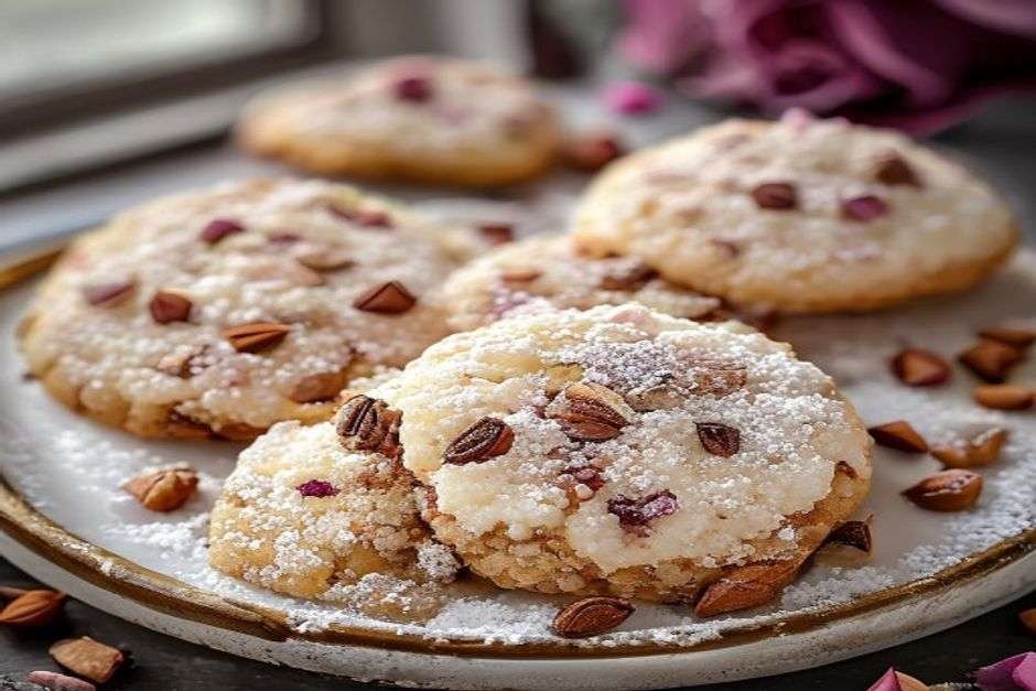 Powdered sugar snowball cookies flavoured with cardamom and rose
